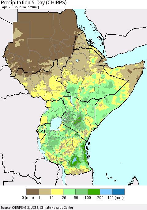 Eastern Africa Precipitation 5-Day (CHIRPS) Thematic Map For 4/21/2024 - 4/25/2024