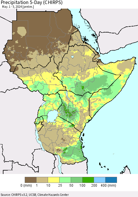 Eastern Africa Precipitation 5-Day (CHIRPS) Thematic Map For 5/1/2024 - 5/5/2024