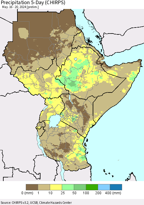 Eastern Africa Precipitation 5-Day (CHIRPS) Thematic Map For 5/16/2024 - 5/20/2024