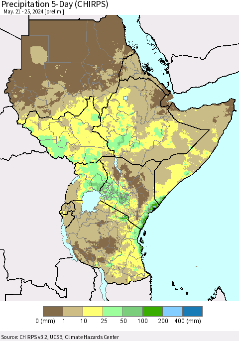 Eastern Africa Precipitation 5-Day (CHIRPS) Thematic Map For 5/21/2024 - 5/25/2024