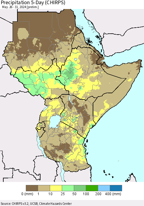 Eastern Africa Precipitation 5-Day (CHIRPS) Thematic Map For 5/26/2024 - 5/31/2024