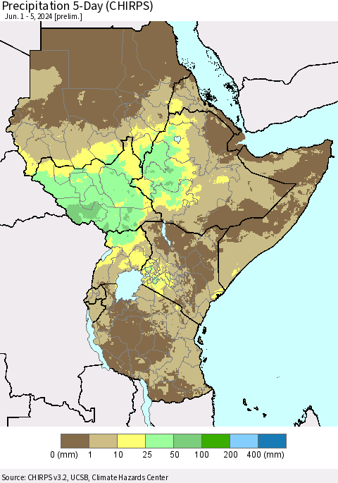 Eastern Africa Precipitation 5-Day (CHIRPS) Thematic Map For 6/1/2024 - 6/5/2024
