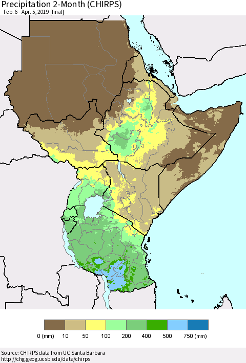 Eastern Africa Precipitation 2-Month (CHIRPS) Thematic Map For 2/6/2019 - 4/5/2019