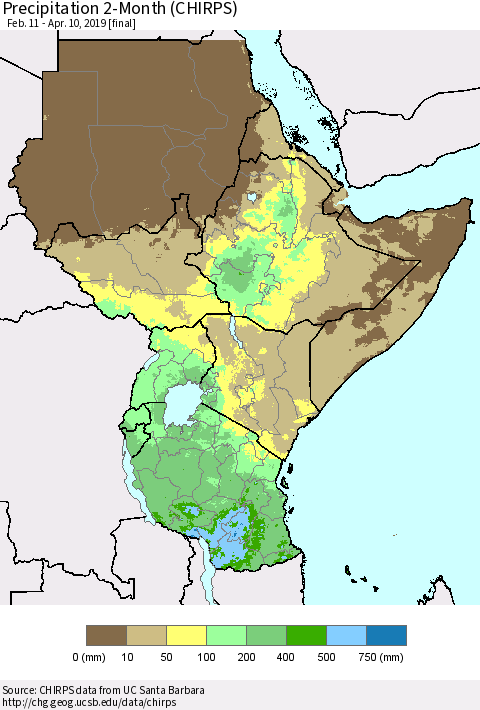 Eastern Africa Precipitation 2-Month (CHIRPS) Thematic Map For 2/11/2019 - 4/10/2019