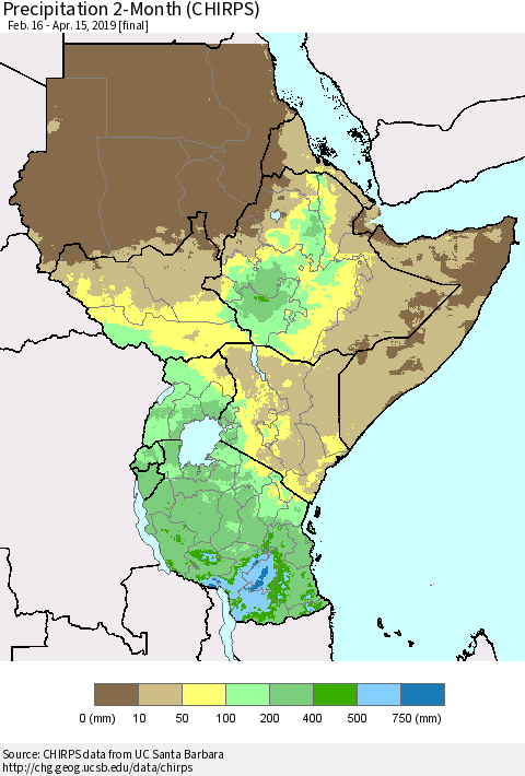Eastern Africa Precipitation 2-Month (CHIRPS) Thematic Map For 2/16/2019 - 4/15/2019