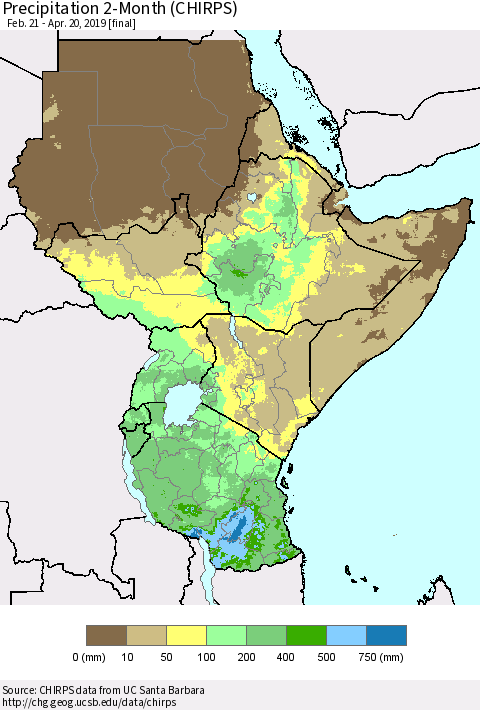 Eastern Africa Precipitation 2-Month (CHIRPS) Thematic Map For 2/21/2019 - 4/20/2019