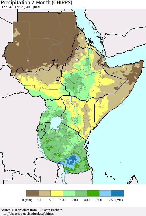 Eastern Africa Precipitation 2-Month (CHIRPS) Thematic Map For 2/26/2019 - 4/25/2019