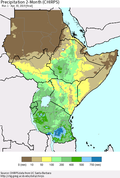 Eastern Africa Precipitation 2-Month (CHIRPS) Thematic Map For 3/1/2019 - 4/30/2019