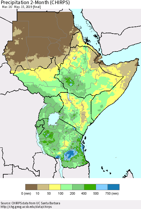 Eastern Africa Precipitation 2-Month (CHIRPS) Thematic Map For 3/16/2019 - 5/15/2019