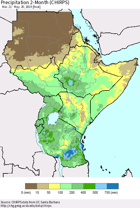 Eastern Africa Precipitation 2-Month (CHIRPS) Thematic Map For 3/21/2019 - 5/20/2019