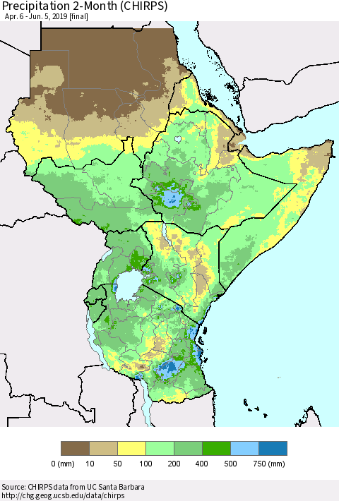 Eastern Africa Precipitation 2-Month (CHIRPS) Thematic Map For 4/6/2019 - 6/5/2019