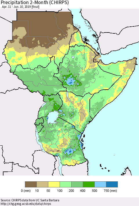 Eastern Africa Precipitation 2-Month (CHIRPS) Thematic Map For 4/11/2019 - 6/10/2019
