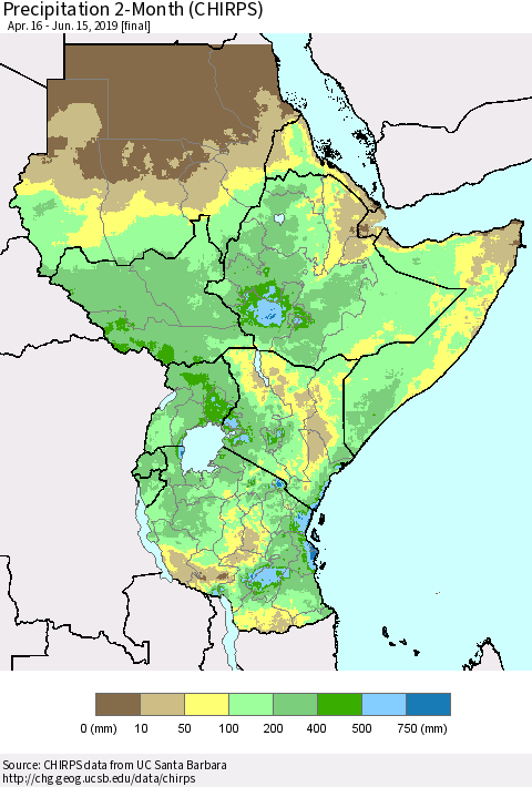 Eastern Africa Precipitation 2-Month (CHIRPS) Thematic Map For 4/16/2019 - 6/15/2019