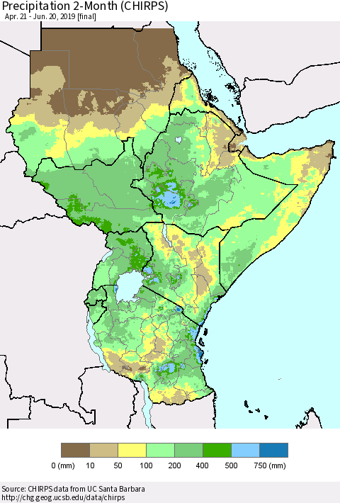 Eastern Africa Precipitation 2-Month (CHIRPS) Thematic Map For 4/21/2019 - 6/20/2019