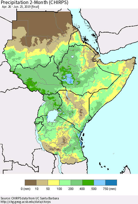 Eastern Africa Precipitation 2-Month (CHIRPS) Thematic Map For 4/26/2019 - 6/25/2019