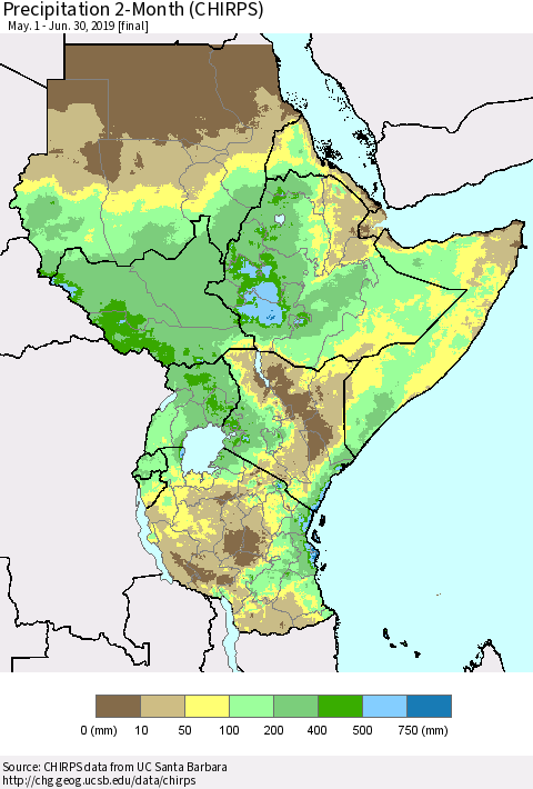 Eastern Africa Precipitation 2-Month (CHIRPS) Thematic Map For 5/1/2019 - 6/30/2019