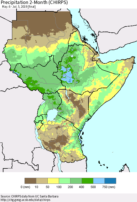 Eastern Africa Precipitation 2-Month (CHIRPS) Thematic Map For 5/6/2019 - 7/5/2019