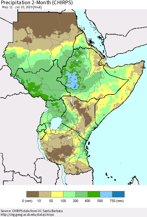 Eastern Africa Precipitation 2-Month (CHIRPS) Thematic Map For 5/11/2019 - 7/10/2019