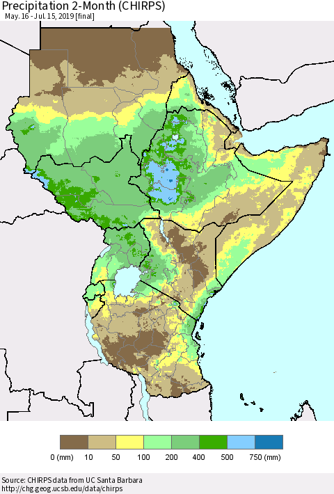 Eastern Africa Precipitation 2-Month (CHIRPS) Thematic Map For 5/16/2019 - 7/15/2019