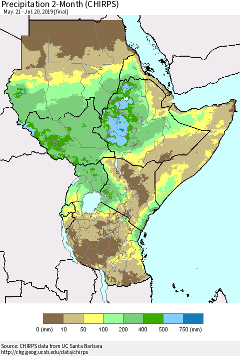 Eastern Africa Precipitation 2-Month (CHIRPS) Thematic Map For 5/21/2019 - 7/20/2019