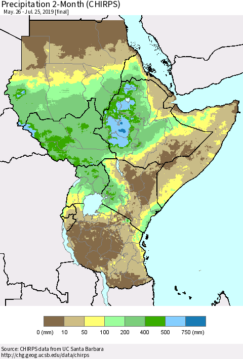 Eastern Africa Precipitation 2-Month (CHIRPS) Thematic Map For 5/26/2019 - 7/25/2019