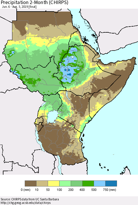 Eastern Africa Precipitation 2-Month (CHIRPS) Thematic Map For 6/6/2019 - 8/5/2019