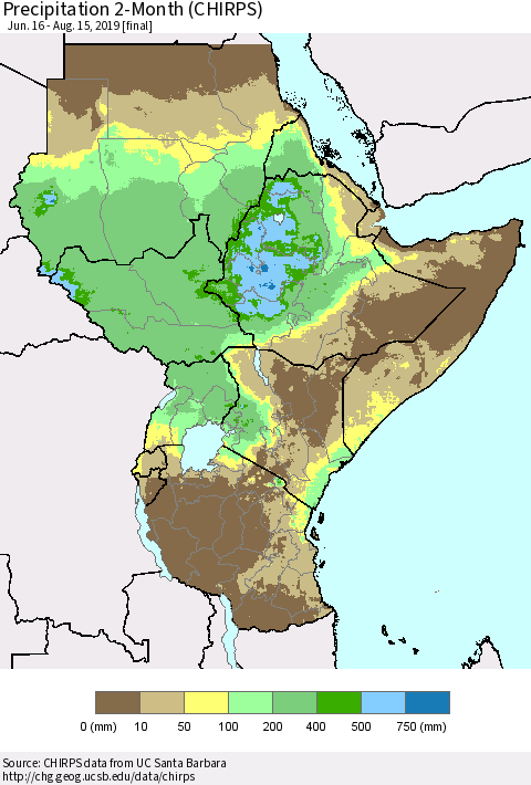 Eastern Africa Precipitation 2-Month (CHIRPS) Thematic Map For 6/16/2019 - 8/15/2019