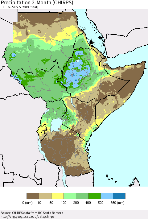 Eastern Africa Precipitation 2-Month (CHIRPS) Thematic Map For 7/6/2019 - 9/5/2019