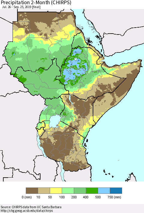 Eastern Africa Precipitation 2-Month (CHIRPS) Thematic Map For 7/26/2019 - 9/25/2019