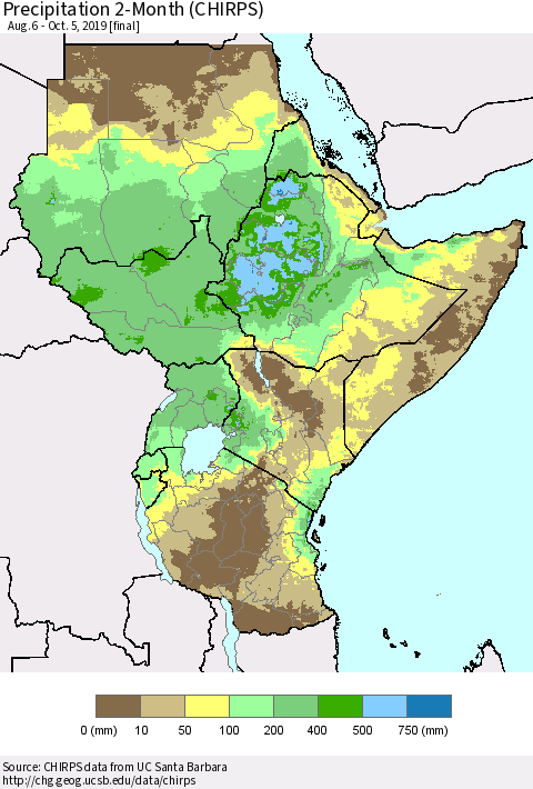 Eastern Africa Precipitation 2-Month (CHIRPS) Thematic Map For 8/6/2019 - 10/5/2019