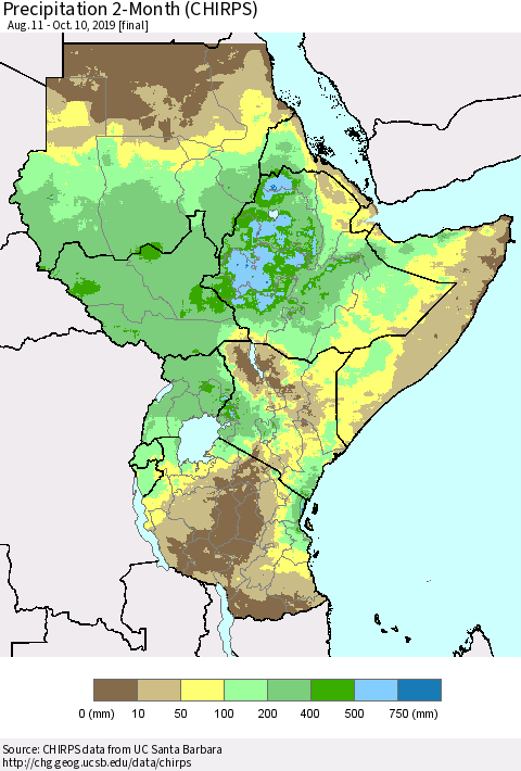 Eastern Africa Precipitation 2-Month (CHIRPS) Thematic Map For 8/11/2019 - 10/10/2019