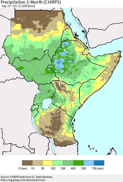 Eastern Africa Precipitation 2-Month (CHIRPS) Thematic Map For 8/16/2019 - 10/15/2019