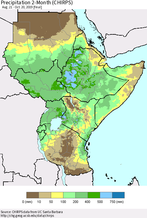 Eastern Africa Precipitation 2-Month (CHIRPS) Thematic Map For 8/21/2019 - 10/20/2019