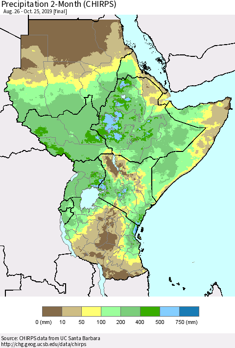 Eastern Africa Precipitation 2-Month (CHIRPS) Thematic Map For 8/26/2019 - 10/25/2019