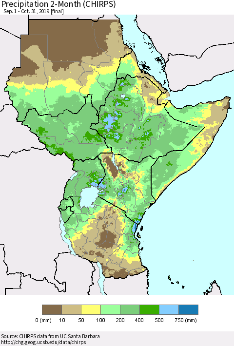 Eastern Africa Precipitation 2-Month (CHIRPS) Thematic Map For 9/1/2019 - 10/31/2019