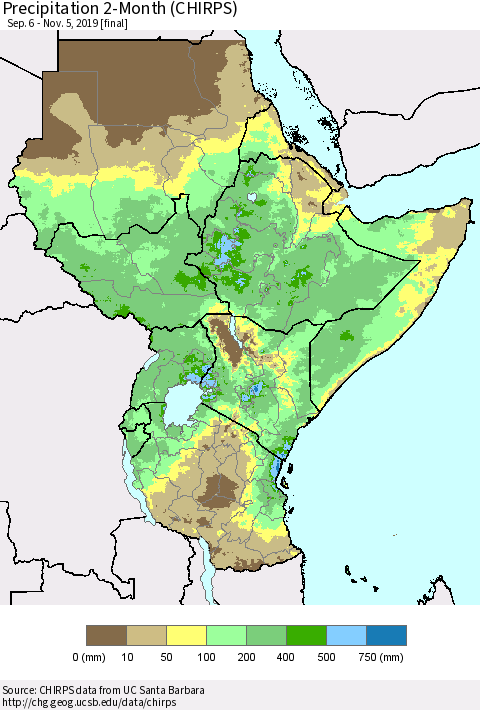 Eastern Africa Precipitation 2-Month (CHIRPS) Thematic Map For 9/6/2019 - 11/5/2019
