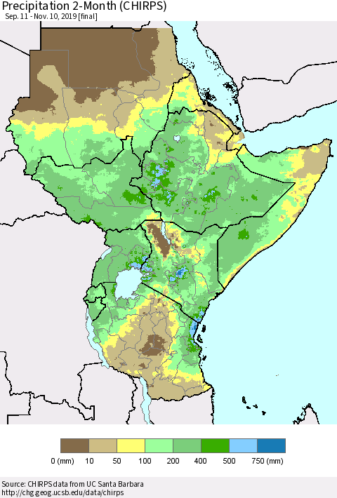 Eastern Africa Precipitation 2-Month (CHIRPS) Thematic Map For 9/11/2019 - 11/10/2019
