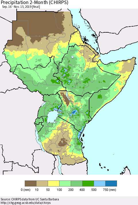 Eastern Africa Precipitation 2-Month (CHIRPS) Thematic Map For 9/16/2019 - 11/15/2019