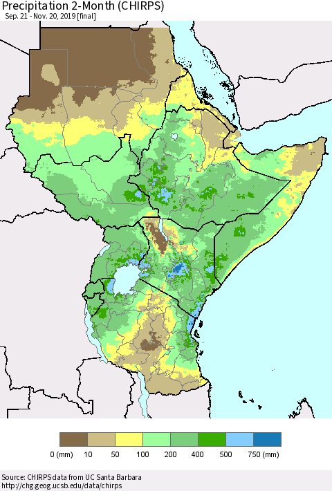 Eastern Africa Precipitation 2-Month (CHIRPS) Thematic Map For 9/21/2019 - 11/20/2019