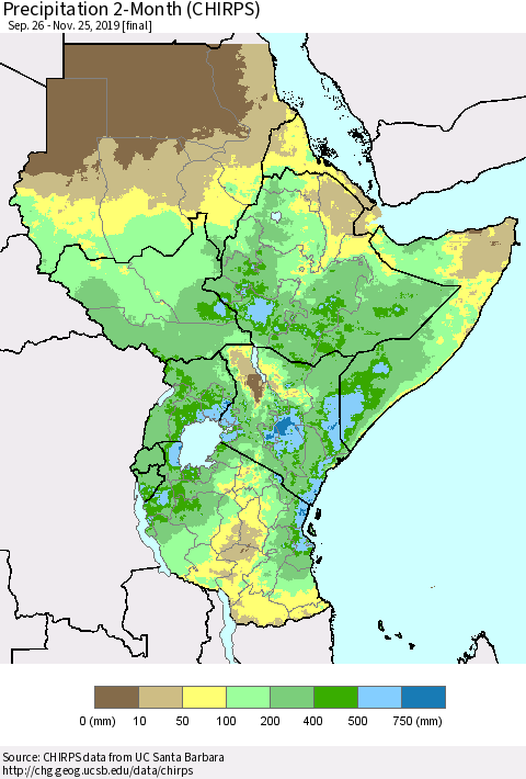 Eastern Africa Precipitation 2-Month (CHIRPS) Thematic Map For 9/26/2019 - 11/25/2019