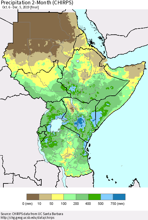Eastern Africa Precipitation 2-Month (CHIRPS) Thematic Map For 10/6/2019 - 12/5/2019