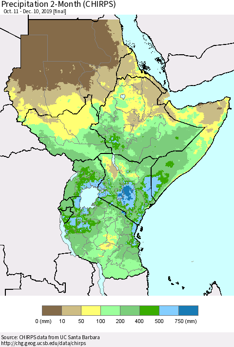 Eastern Africa Precipitation 2-Month (CHIRPS) Thematic Map For 10/11/2019 - 12/10/2019