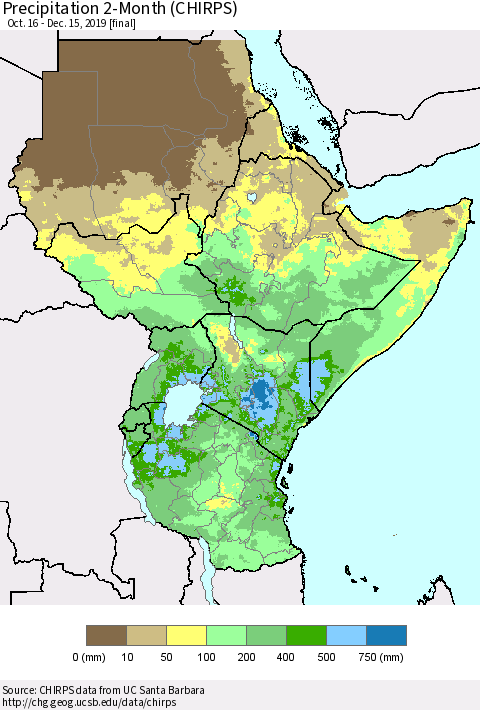 Eastern Africa Precipitation 2-Month (CHIRPS) Thematic Map For 10/16/2019 - 12/15/2019
