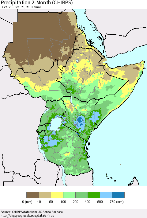 Eastern Africa Precipitation 2-Month (CHIRPS) Thematic Map For 10/21/2019 - 12/20/2019