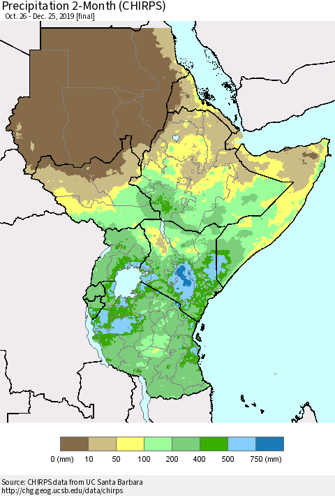 Eastern Africa Precipitation 2-Month (CHIRPS) Thematic Map For 10/26/2019 - 12/25/2019