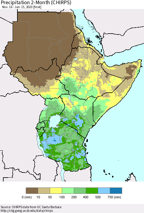 Eastern Africa Precipitation 2-Month (CHIRPS) Thematic Map For 11/16/2019 - 1/15/2020