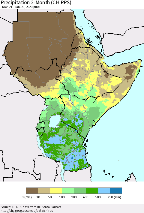 Eastern Africa Precipitation 2-Month (CHIRPS) Thematic Map For 11/21/2019 - 1/20/2020