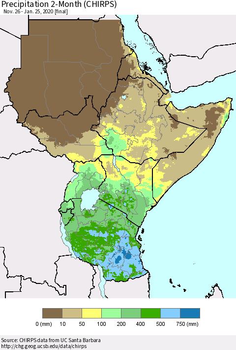 Eastern Africa Precipitation 2-Month (CHIRPS) Thematic Map For 11/26/2019 - 1/25/2020