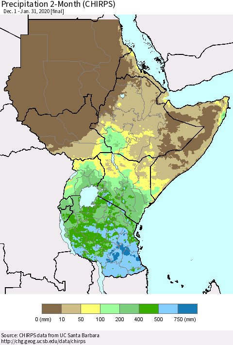 Eastern Africa Precipitation 2-Month (CHIRPS) Thematic Map For 12/1/2019 - 1/31/2020
