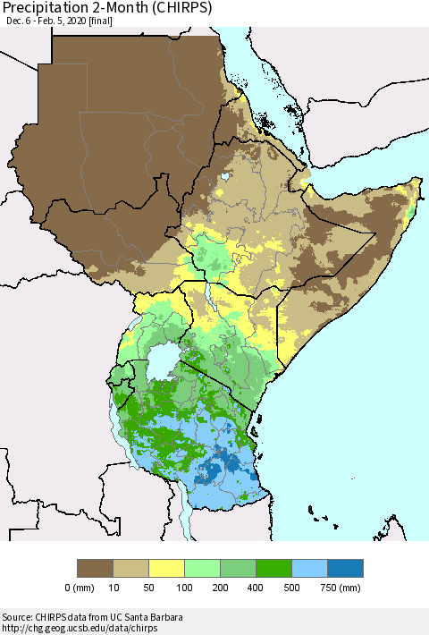 Eastern Africa Precipitation 2-Month (CHIRPS) Thematic Map For 12/6/2019 - 2/5/2020